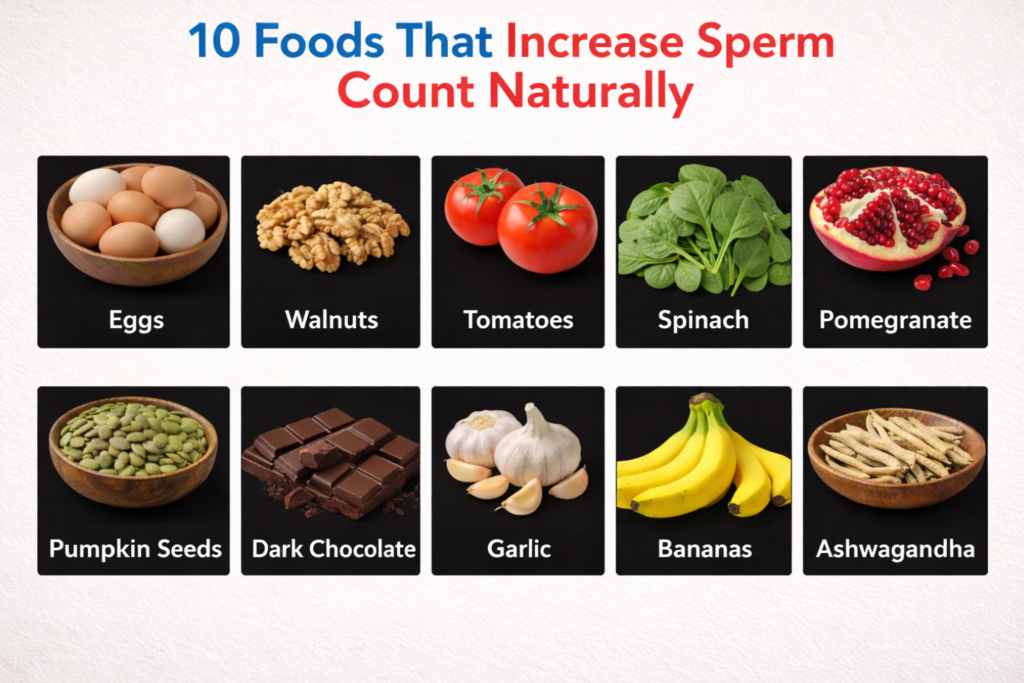 A clean, professional infographic with a bold red heading at the top and an off-white textured background, displaying ten natural foods including eggs, walnuts, tomatoes, spinach, pomegranate, pumpkin seeds, dark chocolate, garlic, bananas, and ashwagandha arranged neatly in two rows.