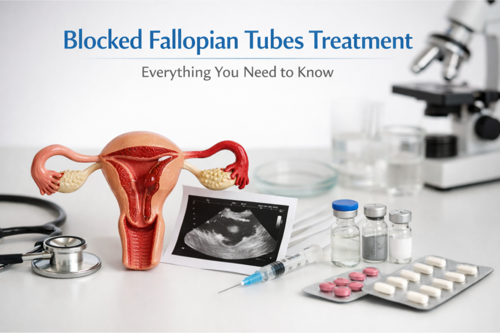 Medical model of female reproductive system with fallopian tubes, IVF-related tools, syringe, ultrasound image, and medicines on a clean clinical background