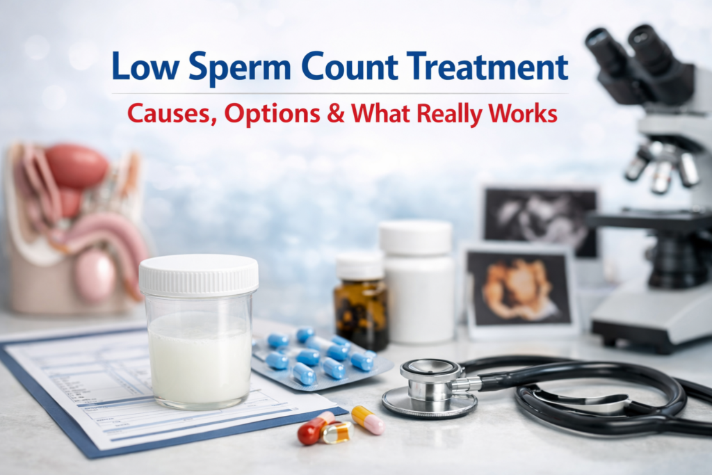 Low sperm count treatment concept showing a semen sample container, medicines, stethoscope, and medical tools on a clean clinical surface with the heading “Low Sperm Count Treatment” and red subheading “Causes, Options & What Really Works”.