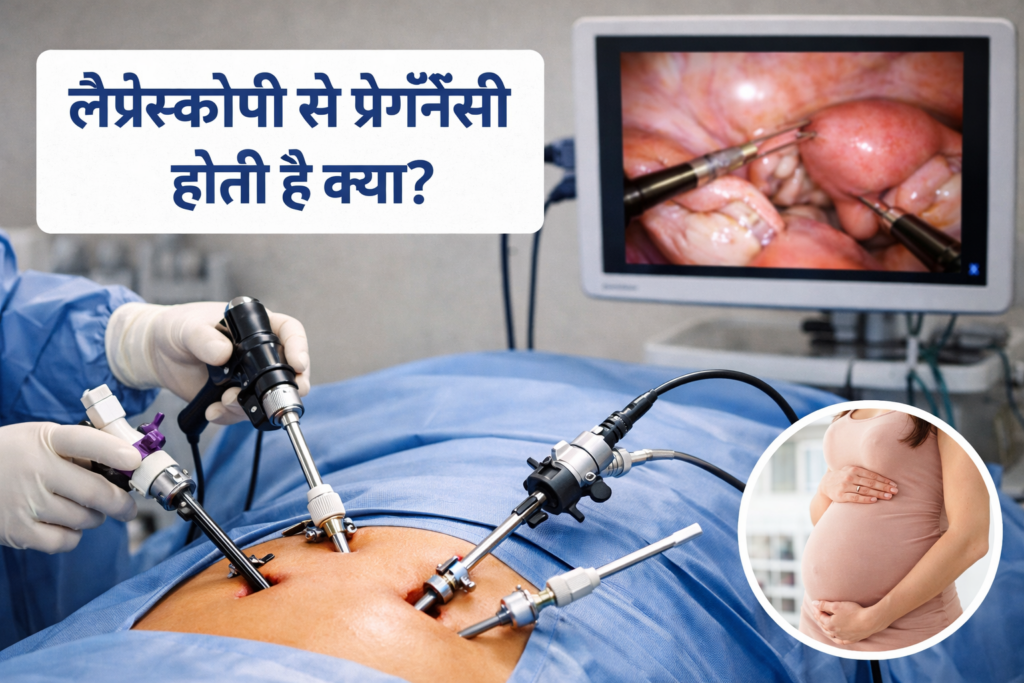 लैप्रोस्कोपी सर्जरी का प्रोफेशनल मेडिकल दृश्य जिसमें मरीज के पेट में इंस्ट्रूमेंट्स डाले गए हैं, स्क्रीन पर अंदरूनी अंग दिखाई दे रहे हैं और नीचे दाईं ओर सर्कुलर फ्रेम में गर्भवती महिला की तस्वीर दिखाई गई है, साथ में हिंदी में हेडिंग लिखी है।
