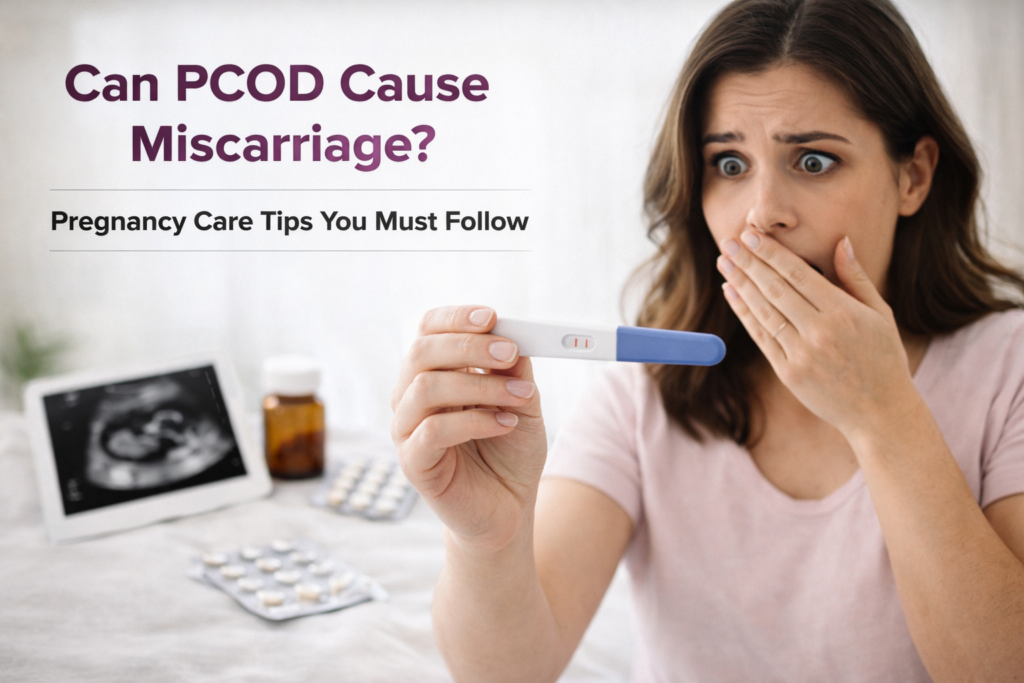 Concerned pregnant woman holding a positive pregnancy test with medical items like ultrasound report and medicines in the background, highlighting PCOD and miscarriage risk awareness.