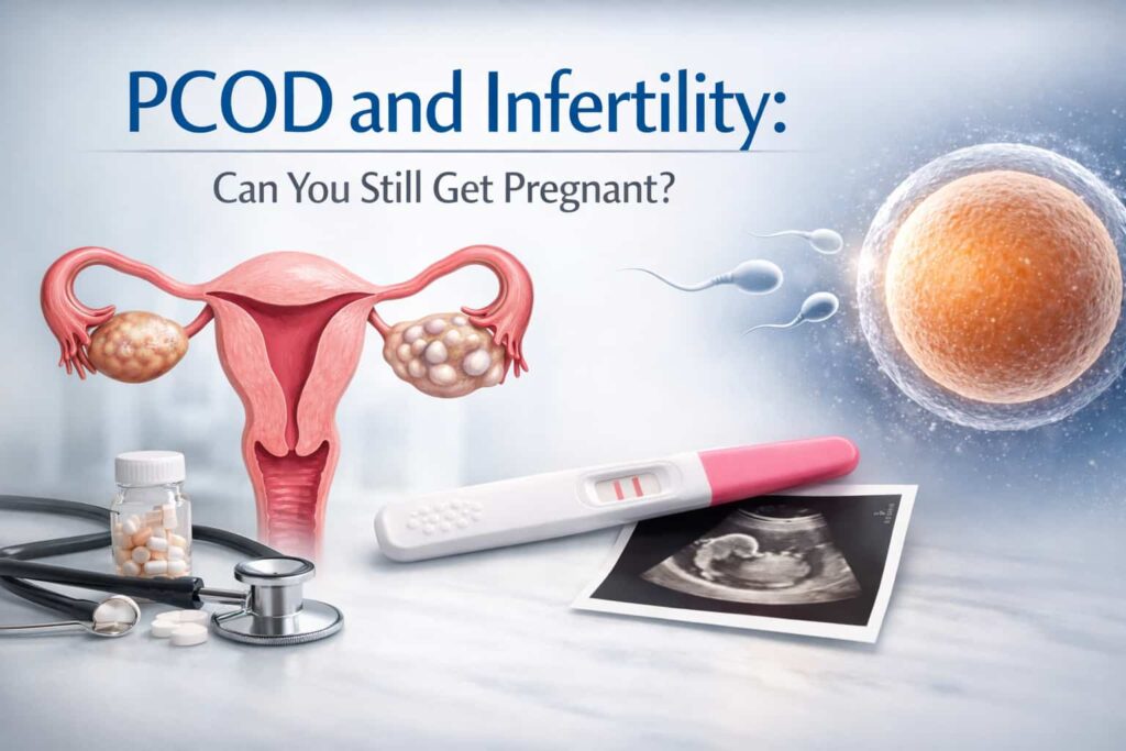 Professional medical image illustrating PCOD and infertility, showing a detailed female reproductive system with polycystic ovaries, alongside a pregnancy test, ultrasound image, and sperm approaching an egg—representing that pregnancy is still possible with PCOD.