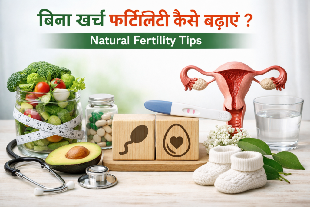 A clean, professional medical-themed image showing fresh vegetables, supplements, a pregnancy test, a glass of water, and a detailed anatomical model of the female reproductive system, with the heading “बिना खर्च फर्टिलिटी कैसे बढ़ाएं? | Natural Fertility Tips” at the top.