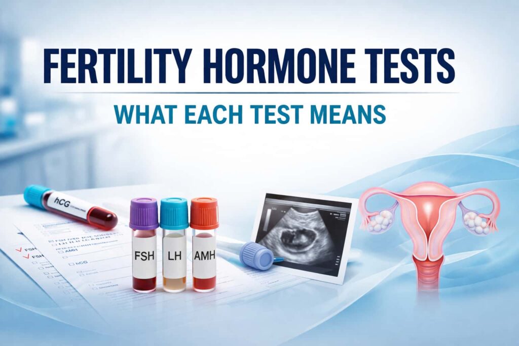 A clean professional medical banner showing bold heading “Fertility Hormone Tests – What Each Test Means” at the top, with fertility hormone blood sample tubes, lab reports, ultrasound image, and female reproductive system illustration on a soft blue clinical background.