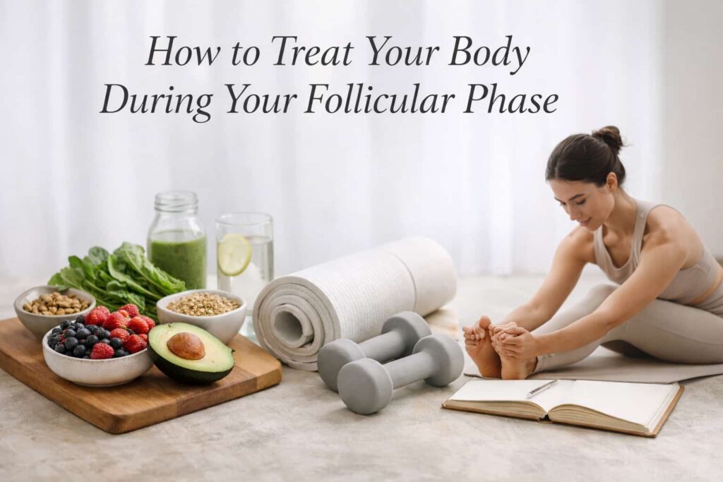 Woman doing yoga with healthy foods and fitness setup, representing energy and balance during the follicular phase.