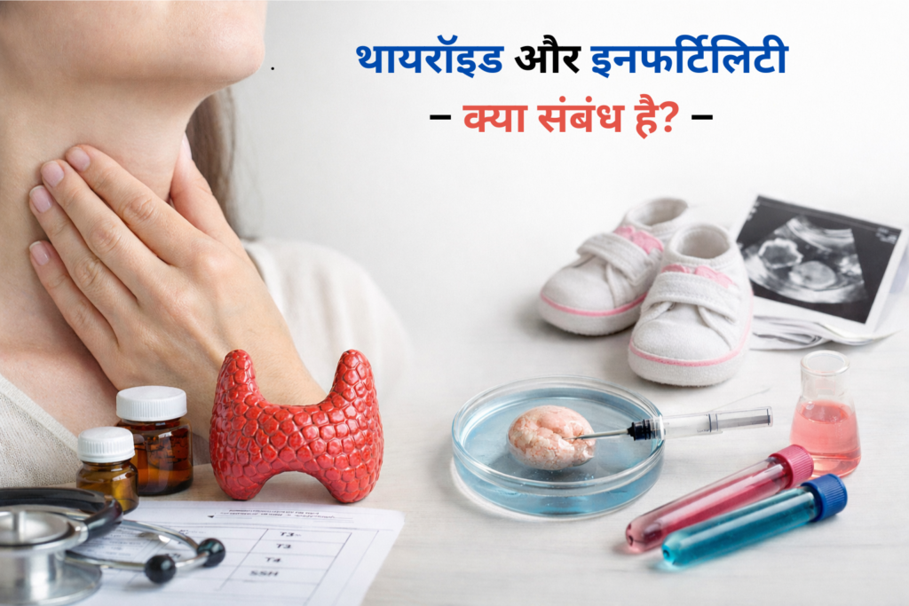 Thyroid and infertility concept image showing a woman touching her neck with a thyroid model and medical tools on one side, and IVF-related elements like baby shoes, ultrasound image, and laboratory equipment on the other side.